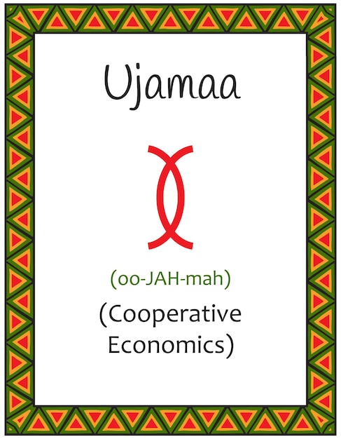 Una tarjeta con uno de los principios de Kwanzaa Símbolo Ujamaa significa Economía Cooperativa en Swahili Afiche con un patrón étnico africano en colores tradicionales Ilustración vectorial