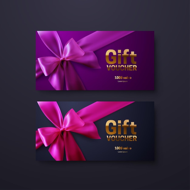 Tarjeta promocional premium con lazo rosa y morado y letrero dorado.