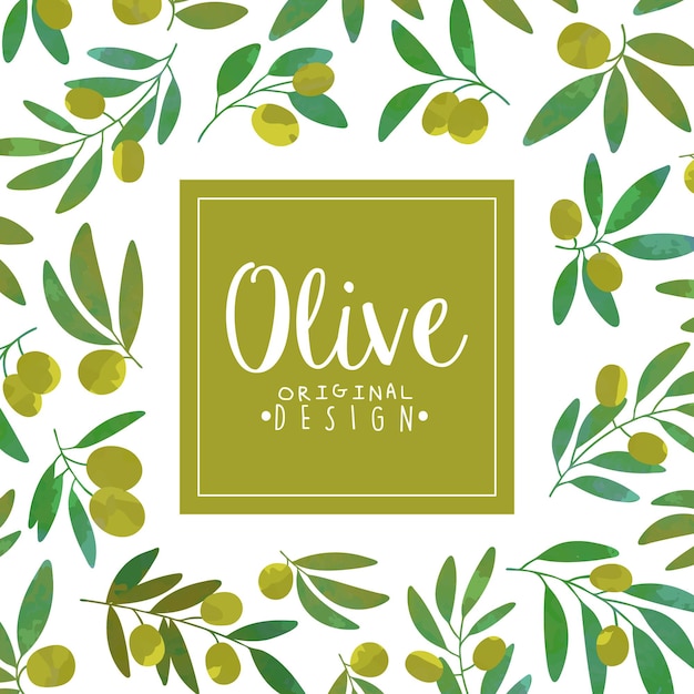 Tarjeta promocional con rama de olivo como plantilla de vector de producto orgánico