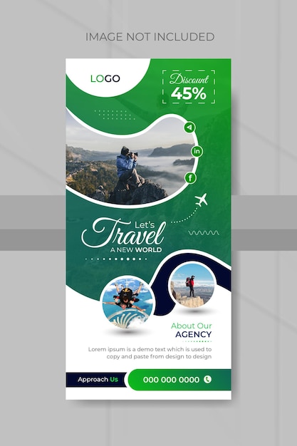 Tarjeta publicitaria de negocios de viajes y turismo o diseño moderno de plantilla de folleto y póster de volante dl