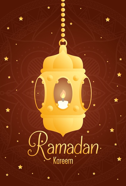Tarjeta de Ramadán Kareem con colgante de linterna dorada