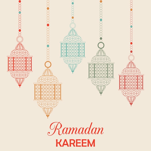 Tarjeta de Ramadan Kareem con linternas árabes.