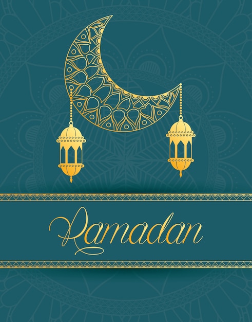 Tarjeta de Ramadán Kareem con luna y linterna dorada colgando