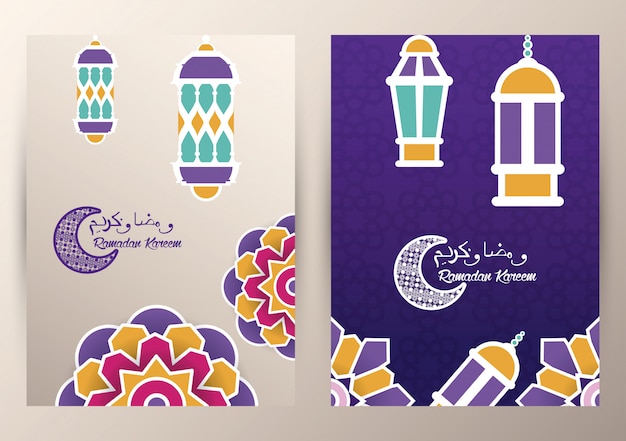 Tarjeta de ramadán kareem con mandalas y linternas colgando