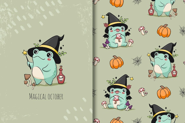 Tarjeta de rana de Halloween y patrones sin fisuras