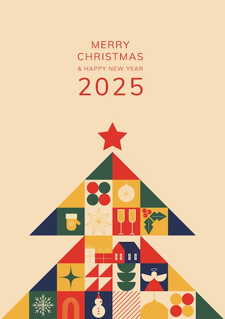 Tarjeta de regalo de Año Nuevo de Navidad en estilo geométrico moderno con árbol de Navidad