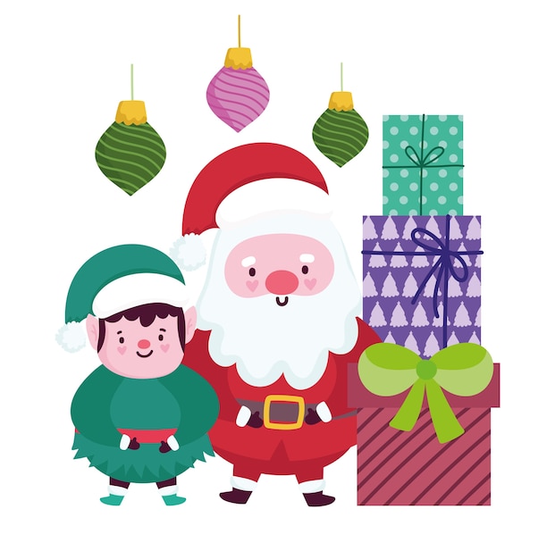 Tarjeta de regalo y bolas de feliz navidad, santa y ayudante para saludo ilustración vectorial