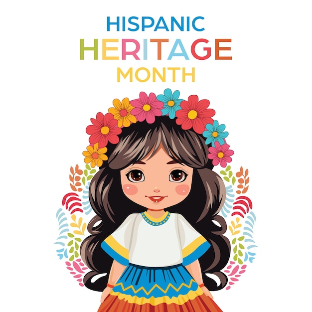 Vector tarjeta de regalo colorida con una linda chica vestida de hispana celebrando el mes de la herencia hispana