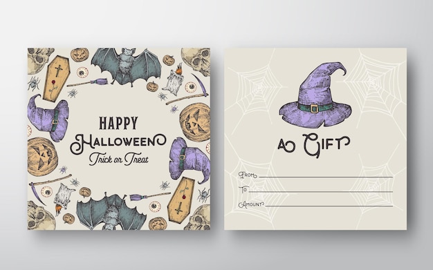 Tarjeta de regalo de felicitación de halloween con tipografía y marco de calabaza, murciélagos, arañas y velas