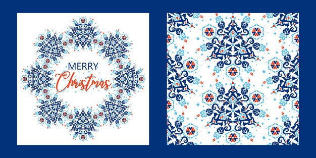 Tarjeta de regalo Feliz Navidad temporada saludos fondo y ornamento festivo vector de patrones sin fisuras