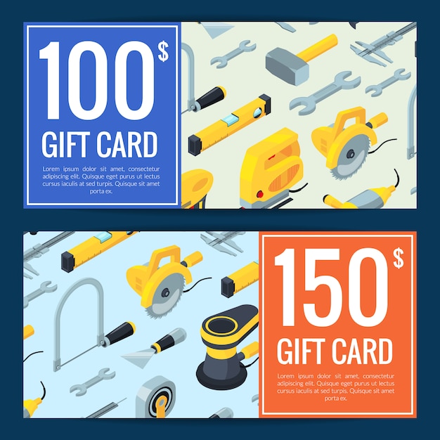 tarjeta de regalo isométrica de herramientas de construcción