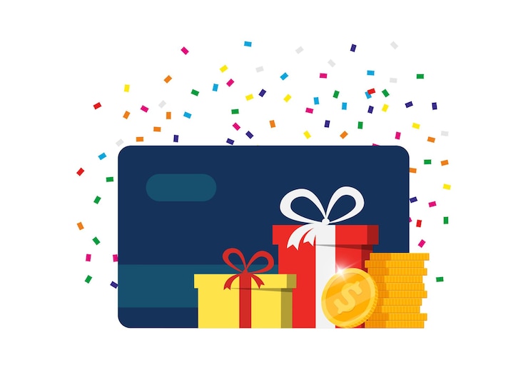 Vector tarjeta de regalo o bonificación. gane puntos de fidelidad y reciba recompensas en línea. publicidad empresarial de servicio al cliente. cashback de monedas de dinero, programa de premios financieros, concepto de pago de recargo o subsidio. eps