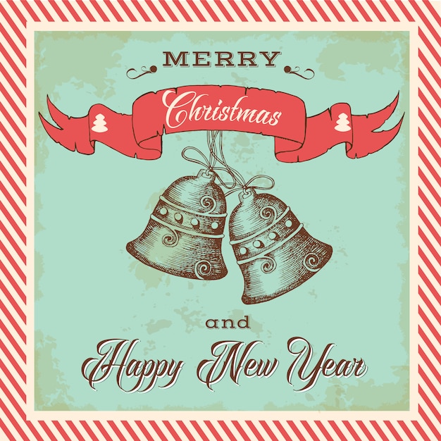 Tarjeta retro con campanas dibujadas a mano e inscripción festiva.