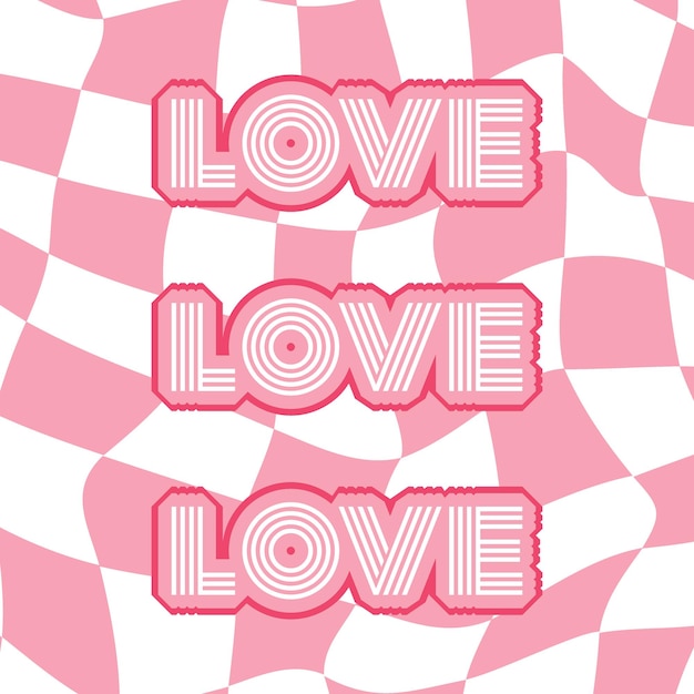 Tarjeta retro cuadrada con frase tipográfica Amor Una composición de texto con un cartel de Vector de contorno sobre un fondo de tablero de ajedrez rosa