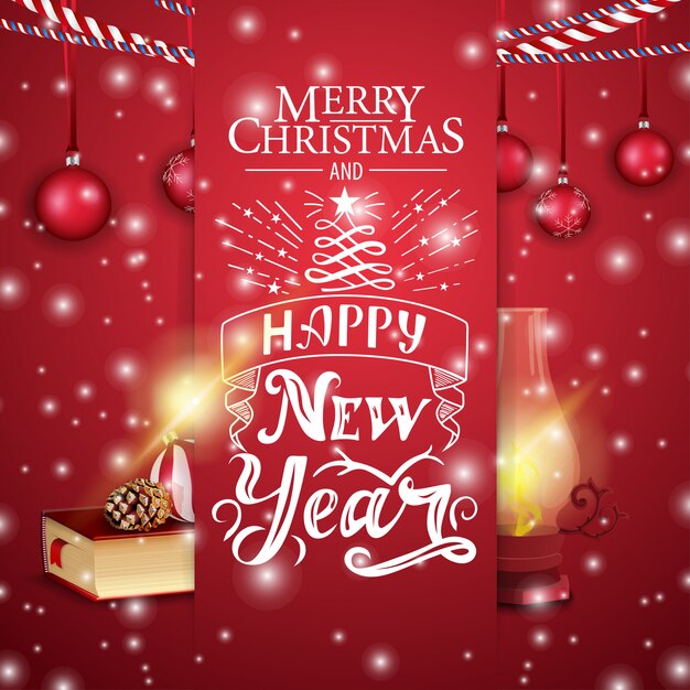 Tarjeta roja de Navidad con libro de Navidad y lámpara antigua.