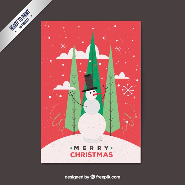 Tarjeta roja de navidad con muñeco de nieve