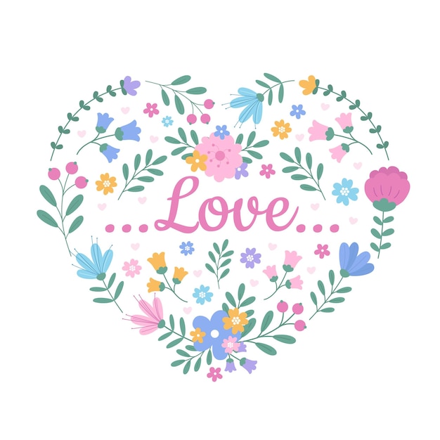 Una tarjeta romántica con un corazón hecho de flores y la palabra Amor