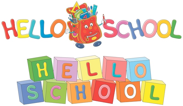 Tarjeta de salud de la escuela con una mochila de dibujos animados divertida y ladrillos coloridos con letras