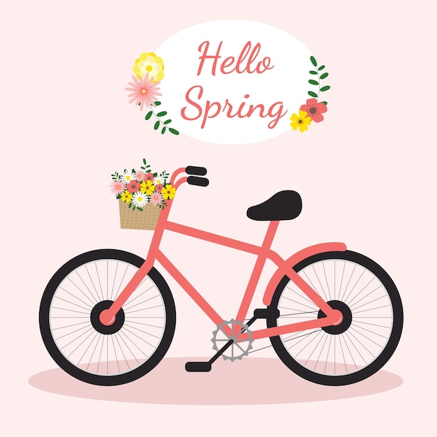 Tarjeta de saludo de primavera Tarjeta postal bonita bicicleta y flores en fondo rosa Ilustración vectorial