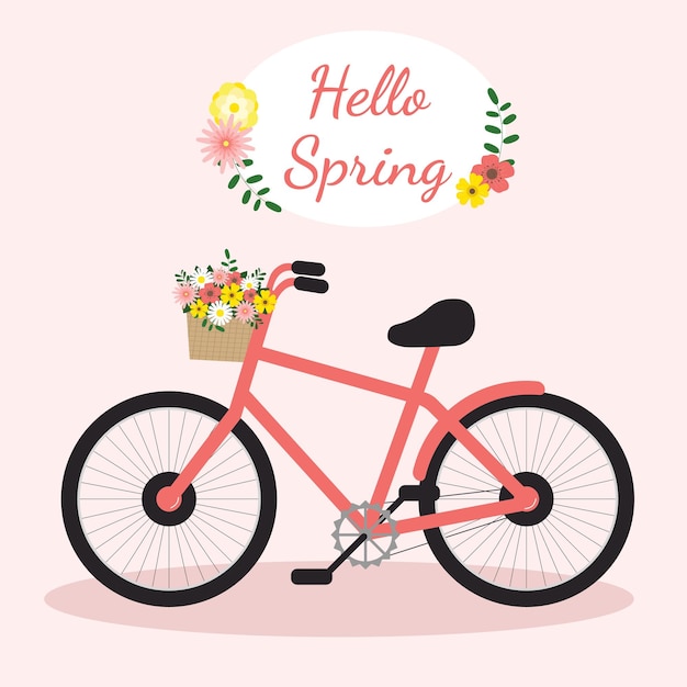 Vector tarjeta de saludo de primavera tarjeta postal bonita bicicleta y flores en fondo rosa ilustración vectorial