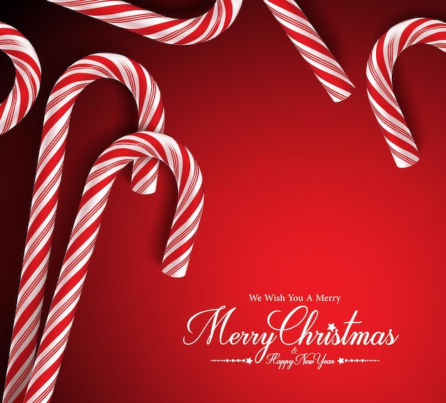 Tarjeta de saludos de feliz Navidad con bastón de caramelo realista en fondo rojo
