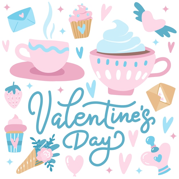 Tarjeta de saludos linda del día de San Valentín con corazones, un par de tazas de té, pastelitos y flores.