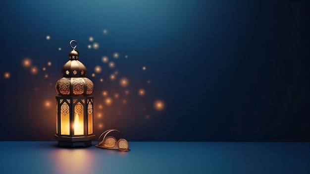 Tarjeta de saludos de Ramadan Kareem linterna árabe con luces brillantes sobre un fondo azul