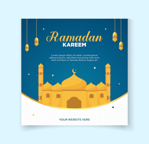 Vector tarjeta de saludos de ramadan kareem venta promocional plantilla de publicación de redes sociales con luna de musjid y lam