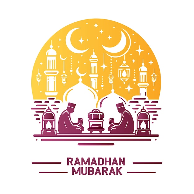 Vector tarjeta de saludos de ramadán mubarak con mezquita y luna