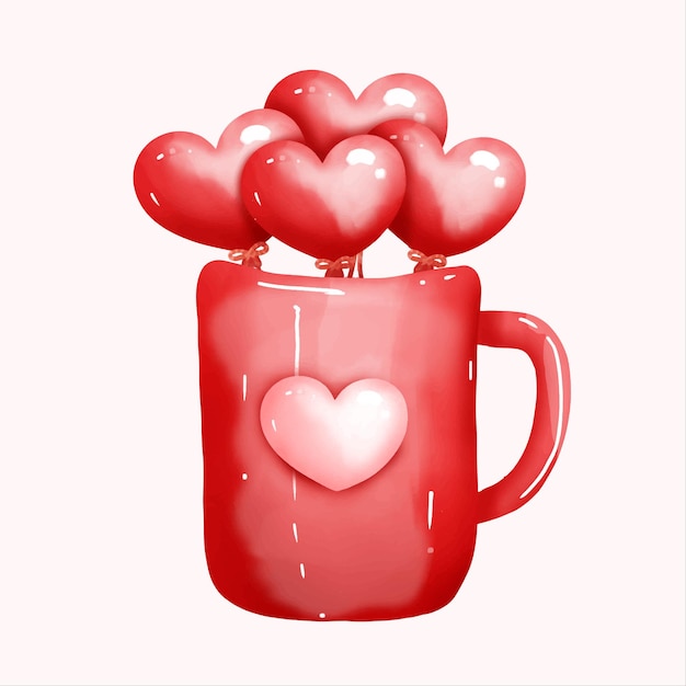 Tarjeta de San Valentín en acuarela con corazón y taza