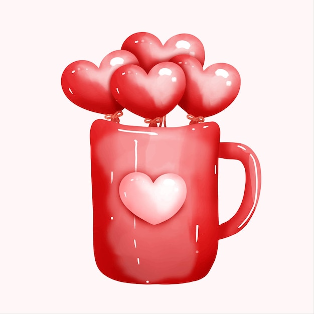 Tarjeta de san valentín en acuarela con corazón y taza