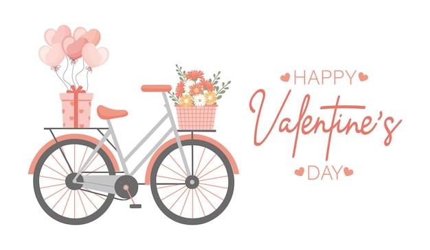 Tarjeta de San Valentín con cesta de flores y globos para bicicletas Tarjeta de vacaciones ilustrada