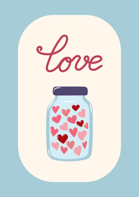 Tarjeta de San Valentín con corazones rosados dentro de un frasco de vidrio Tarjeta de felicitación sencilla y linda Ilustración vectorial