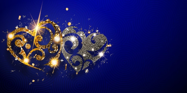 Tarjeta de San Valentín con dos corazones brillantes de plata y destellos dorados con brillos y sombras sobre fondo azul.