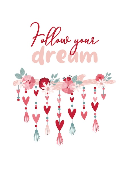 Tarjeta de San Valentín en estilo boho. Concepto romántico bohemio feliz día de San Valentín. Arco iris boho, corazón y flores. Vector