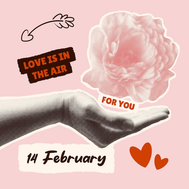 Tarjeta de San Valentín con una flor de medio tono y mano en estilo collageDiseño en estilo Y2K Amor