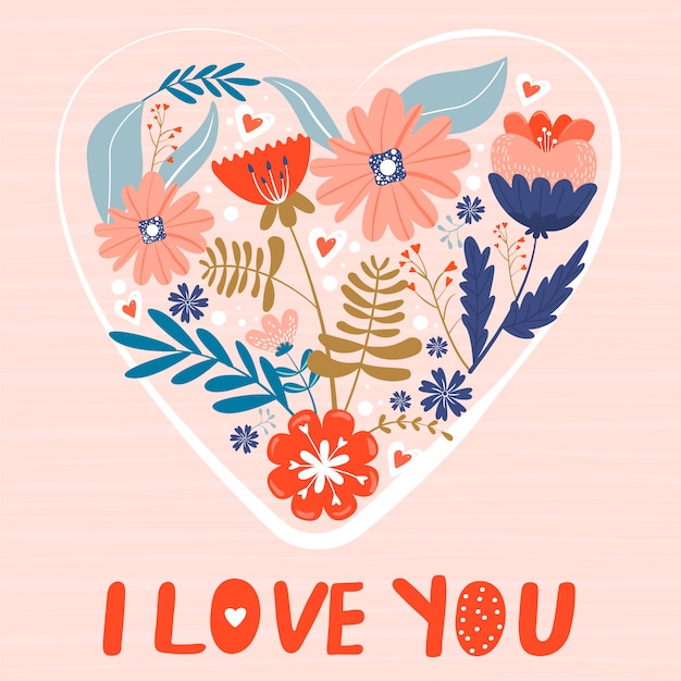 Vector tarjeta de san valentín con flores en forma de corazón.