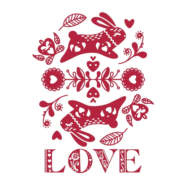 Tarjeta de San Valentín folclórica abstracta con conejos y flores