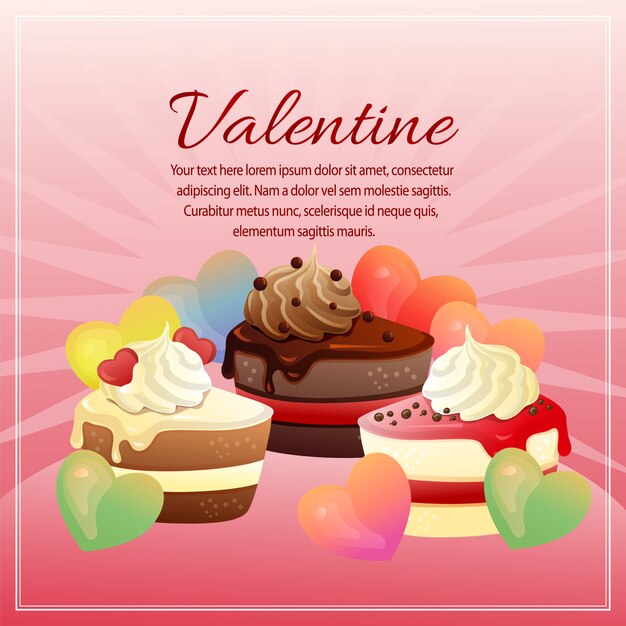 Tarjeta de San Valentín con forma de amor y pastel de chocolate.