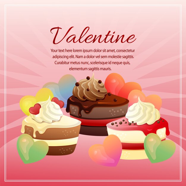 Vector tarjeta de san valentín con forma de amor y pastel de chocolate.