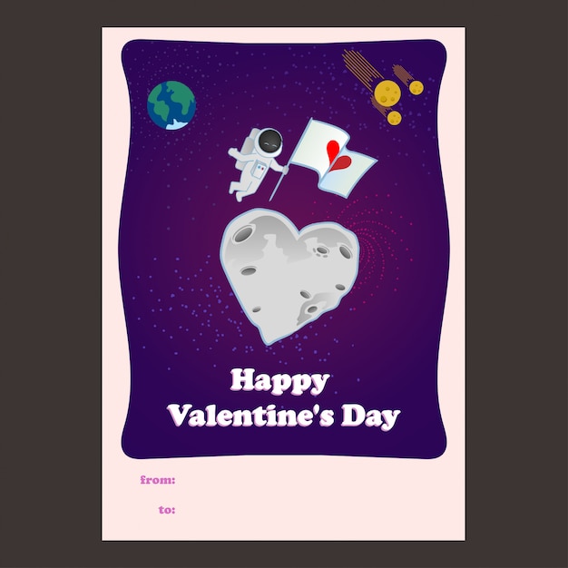 Tarjeta de san valentín en forma de corazón de luna y astronauta