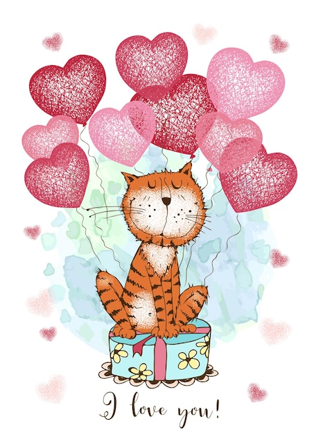 Vector una tarjeta de san valentín gato lindo con globos en forma de corazones y un regalo vector