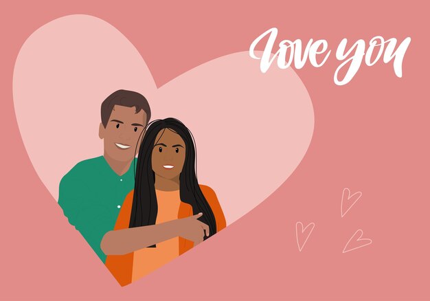 Tarjeta de San Valentín. joven y mujer se abrazan