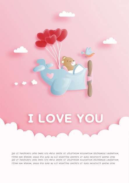 Tarjeta de San Valentín con lindo oso de peluche con avión vintage y globo de corazón