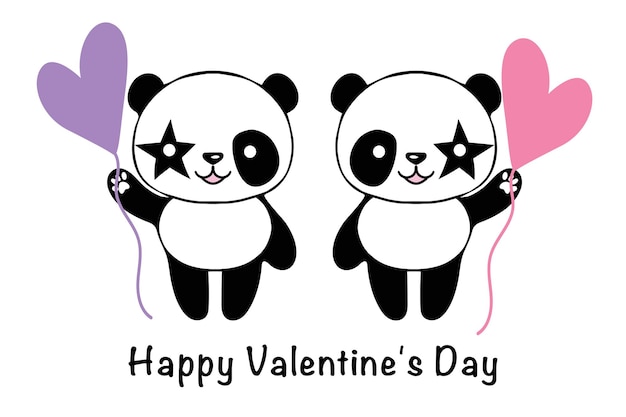 Tarjeta de San Valentín con lindos pandas y corazones El concepto de amor Ilustración sobre un fondo blanco