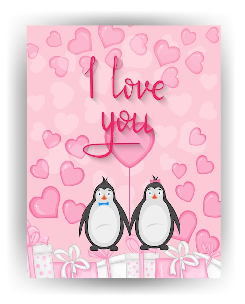 Tarjeta de san valentín con lindos pingüinos. estilo de dibujos animados. ilustración vectorial.