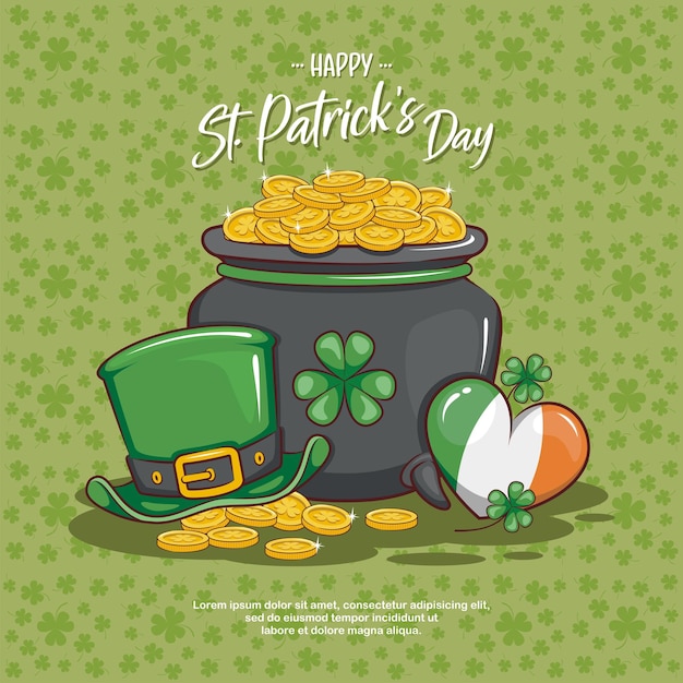 Tarjeta de san valentín con tesoro de duende, olla llena de monedas de oro, sombrero verde, trébol y corazón de irlanda