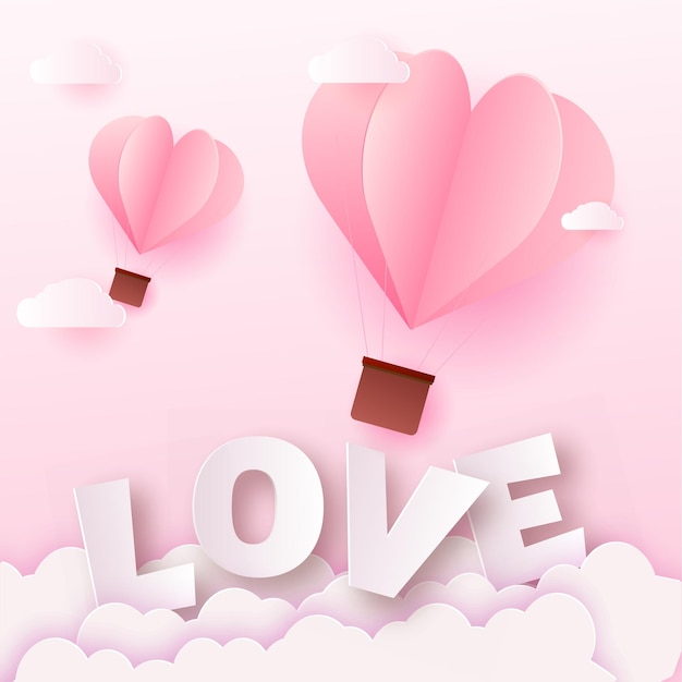 Tarjeta de San Valentín con texto de amor de papel rosa y globos de aire
