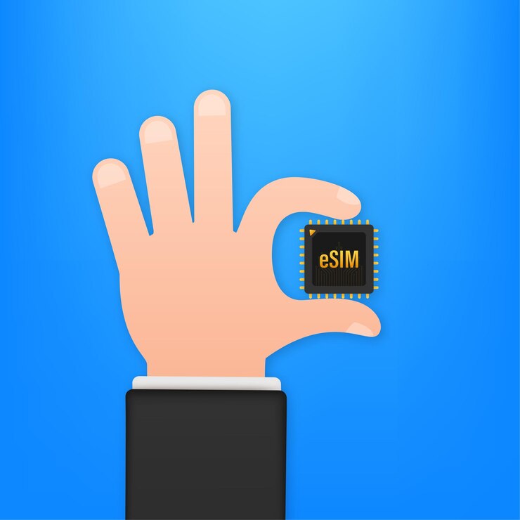 Vector tarjeta sim esim embedded con concepto de símbolo de icono de manos. nueva tecnología de comunicación celular móvil chip. ilustración de stock vectorial.