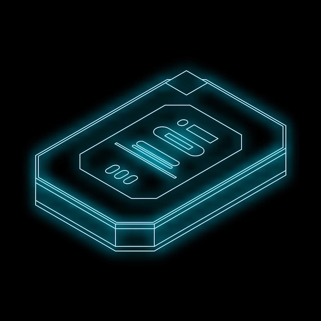 Tarjeta SIM de línea de neón azul brillante para teléfono móvil que muestra una vista isométrica